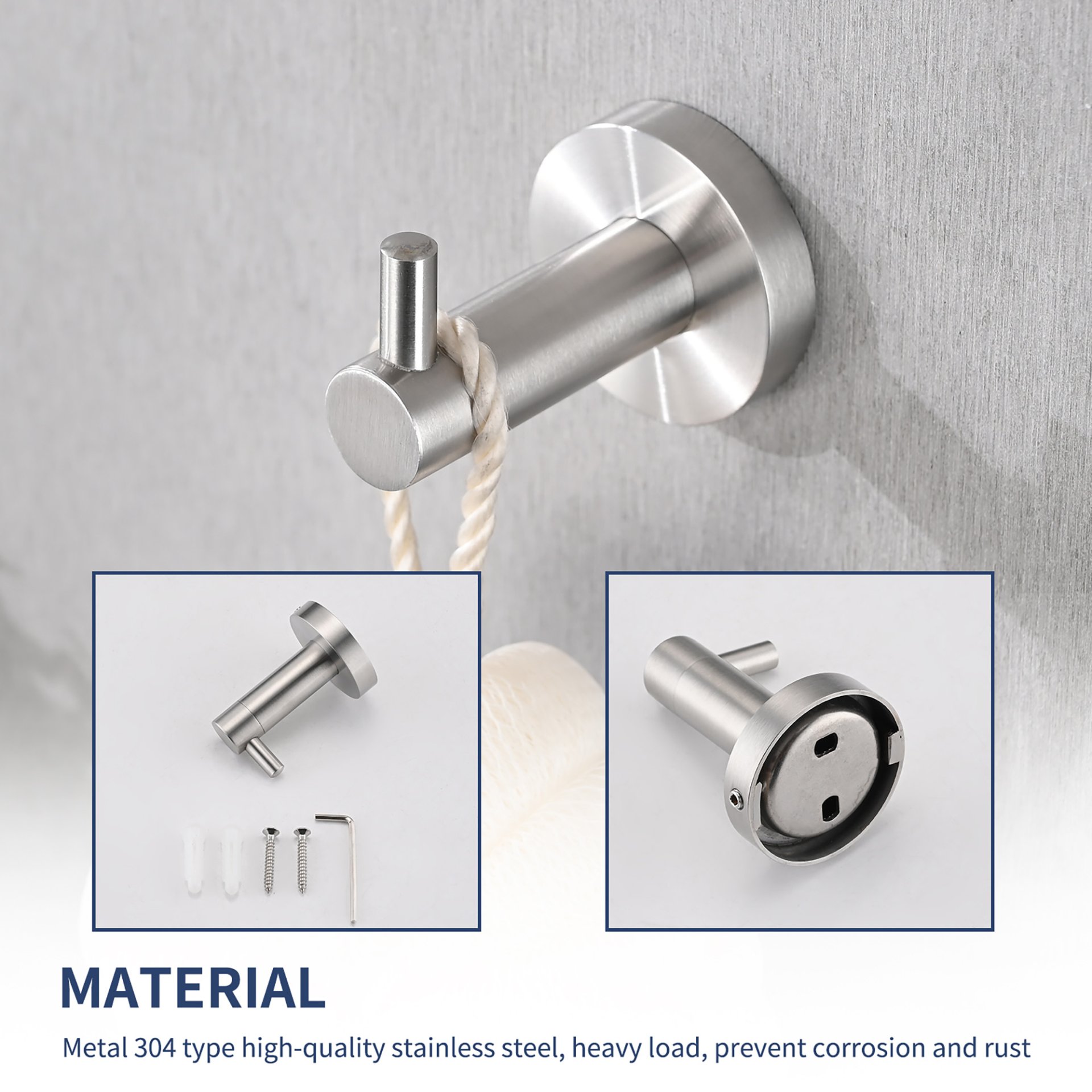Bathroom Set 4 Pack With Towel Bar Racks, Toilet Paper Holder, Ring, Hook, Stainless Steel - Brushed Nickel - Image 6