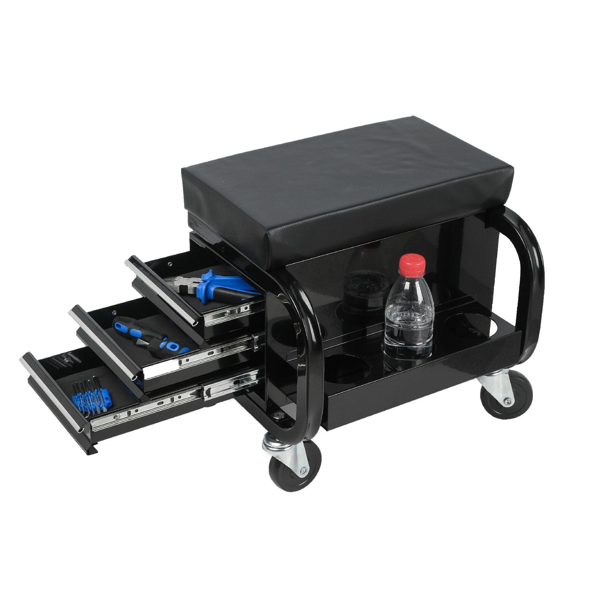 Rolling Creeper Garage Seat With 3 Built In Drawers, Rolling Tool Chest For Shop Or Garage - Black - Image 2