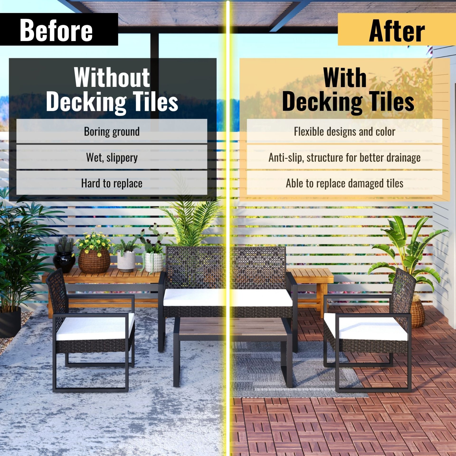 Acacia Wood Interlocking Deck Tiles Checker Pattern, 10 Piece Square Acacia Hardwood Outdoor Flooring For Patio, Bancony, Pool Side - Brown - Image 10