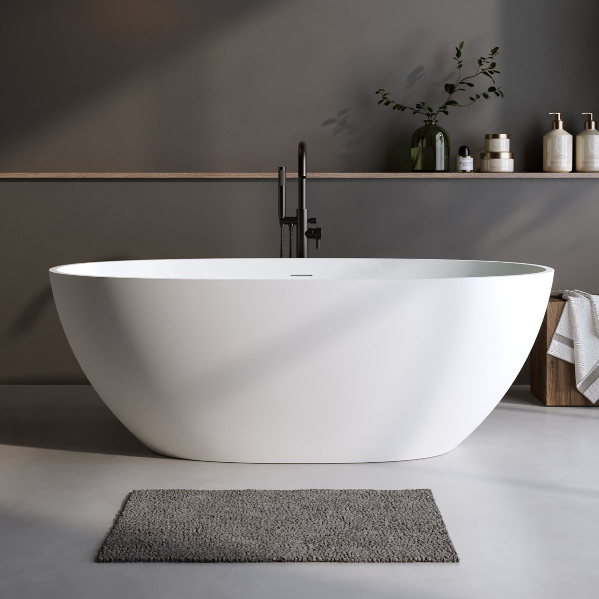 Solid Surface Matte Tub, Solid Surface Soaking Tub, Stone Resin Freestanding Bathtub, Thick Edge Stand Alone Tubs With Overflow, Pop-Up Drain (Oval) - Matte White - Image 2