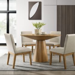 Jasper - 5 Piece Wide Contemporary Round Dining Table Set Chairs - Driftwood / Beige
