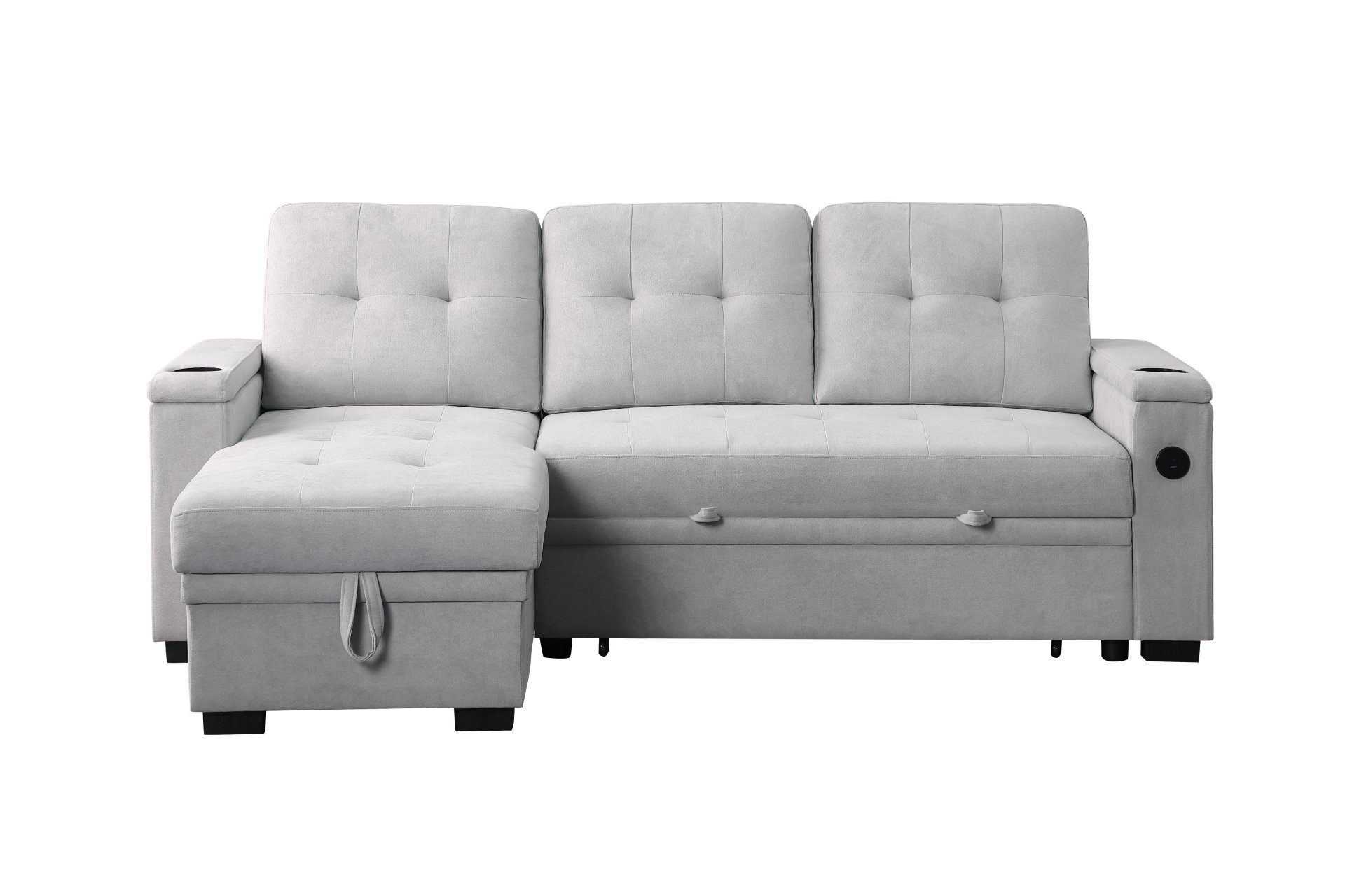 Ashlyn II - Woven Fabric Reversible Sleeper Sectional Sofa With Storage Chaise, Storage Arm, Cup Holder, Charging Ports, Side Pockets, and Pocket Coil Seating - Gray - Image 5
