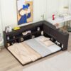 Full Floor Bed With L-Shaped Bookcases, Sliding Doors, Without Slats - Espresso - Image 2