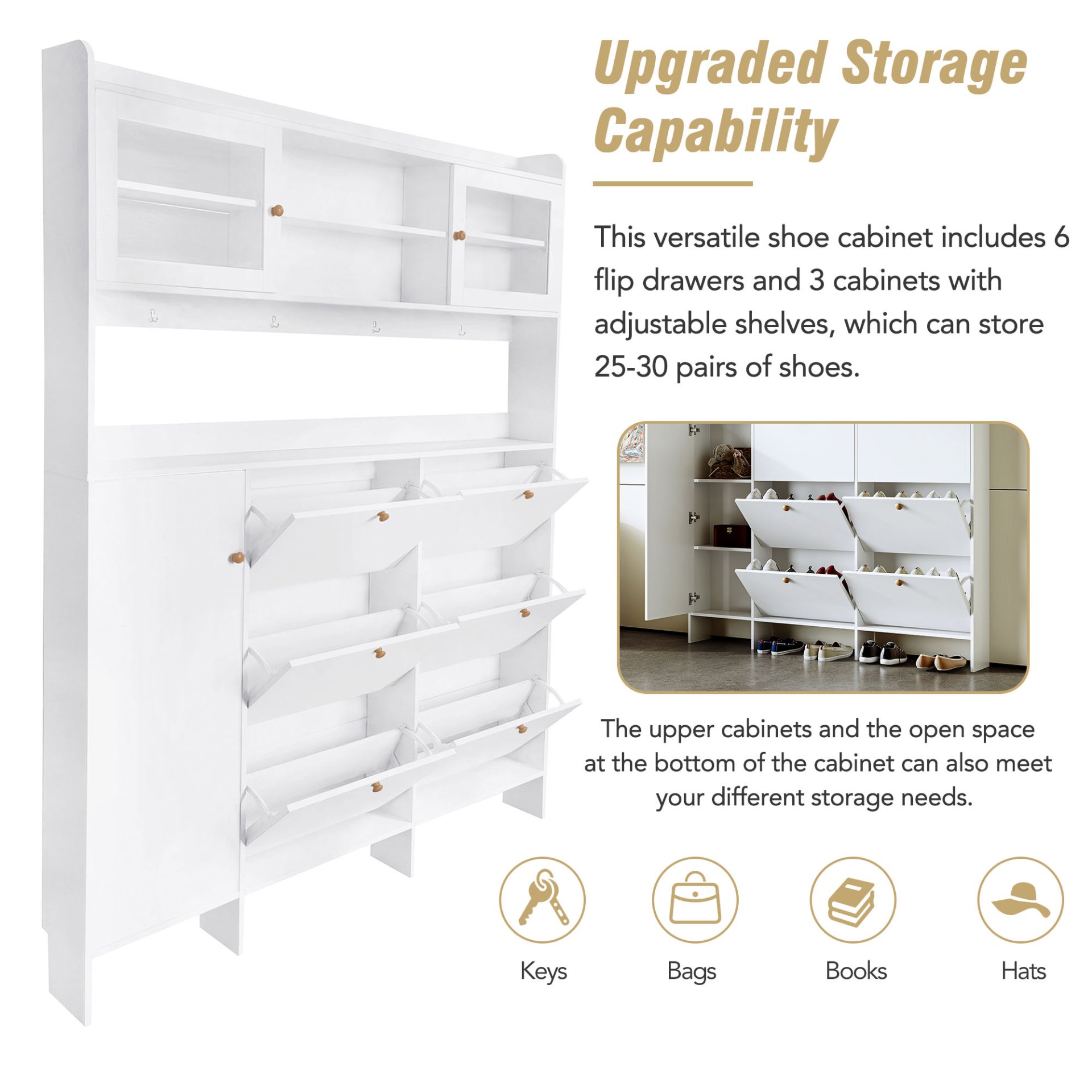 Multifunctional Tipping Bucket Shoe Cabinet With Storage Shelf & 6 Flip Drawers, Large Hall Tree With Tempered Glass Doors, Foyer Cabinet With 4 Hooks For Hallway - White - Image 9
