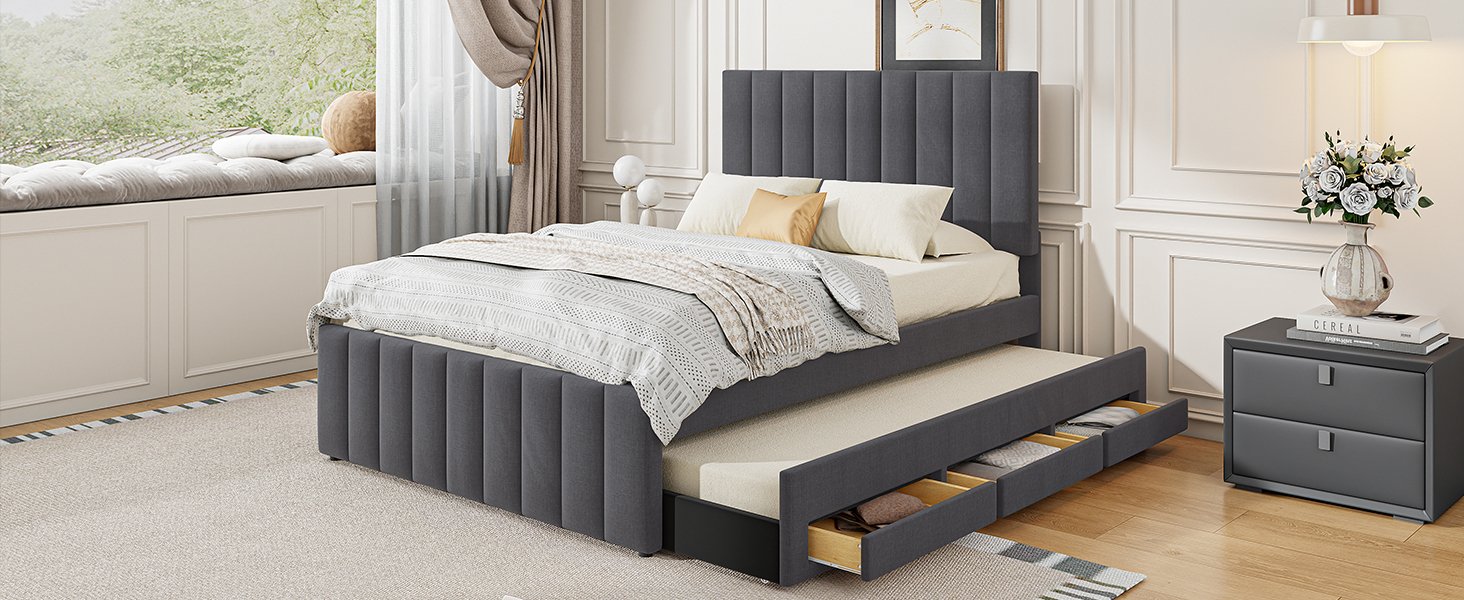 Full Size Upholstered Platform Bed With Twin Size Trundle And 3 Drawers - Gray - Image 14