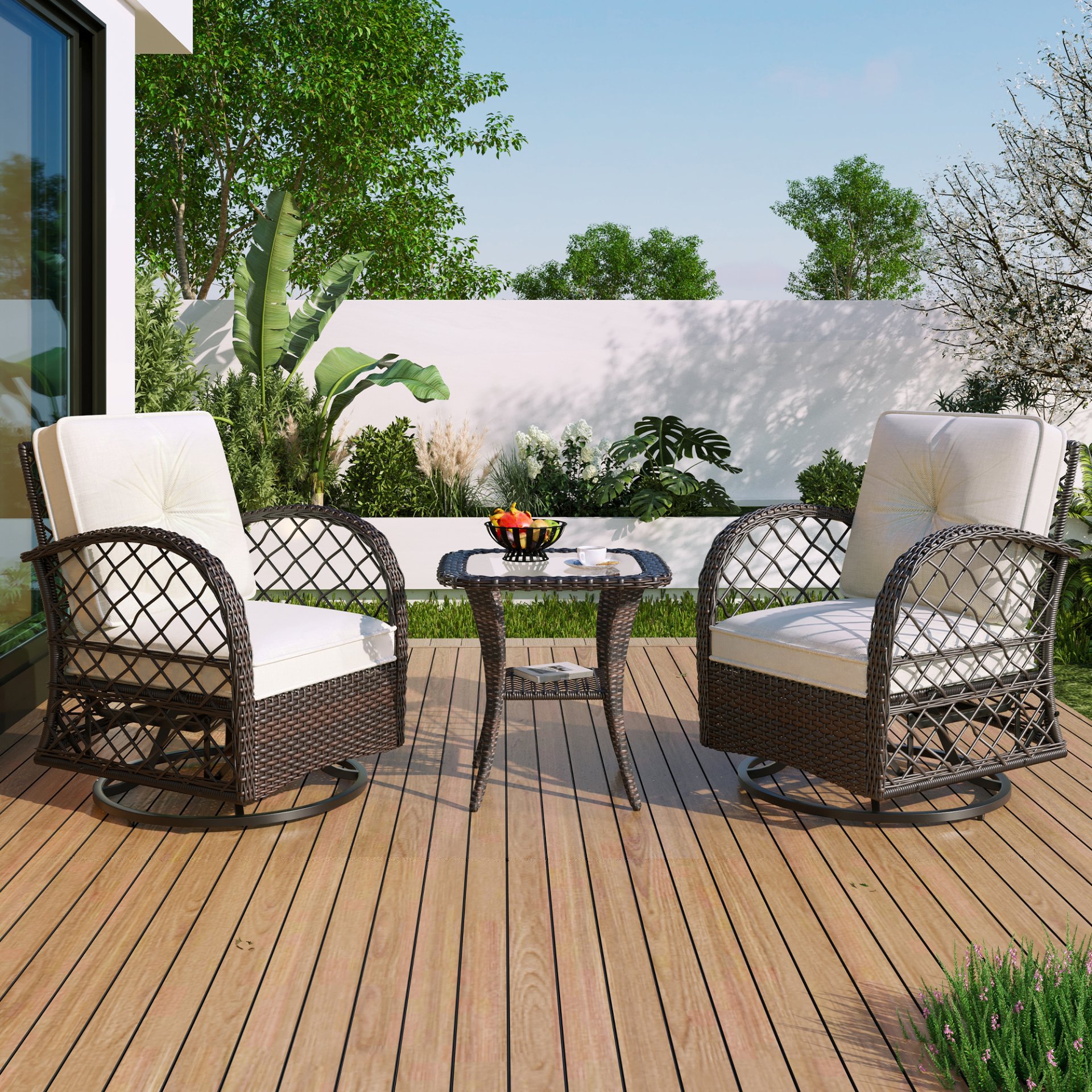 3 Piece Outdoor Chair & Table Set Chat Set 2 Person Rattan Seating Group With 2 Swiveling And Rocking Chairs And A Square Table For Garden, Patio, Or Balcony - Brown - Image 3