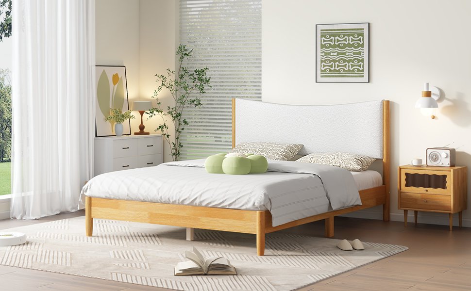 Queen Size Rubber Wooden, Solid Wooden Bed With Teddy Velvet Cushion Upholstered Headboard, Enhanced By Support Feet - Natural - Image 7