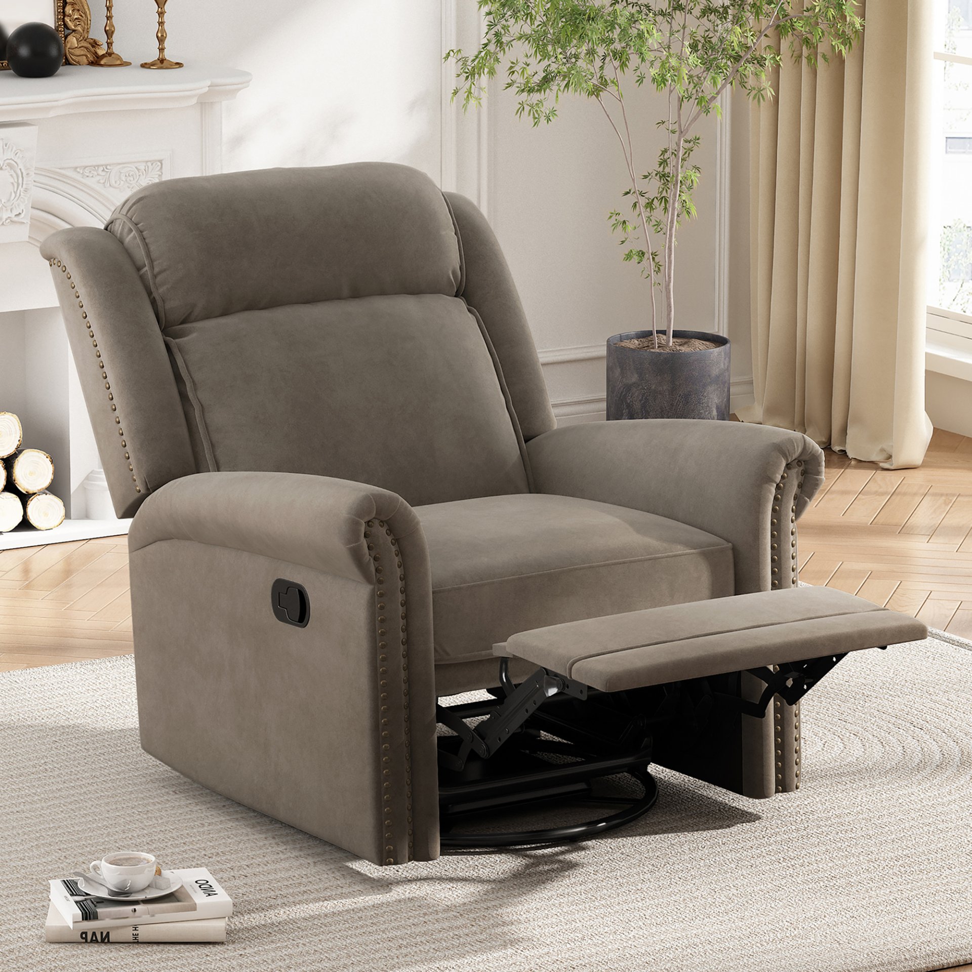 360 Degrees Swivel Recliner Manual Rocking With Adjustable Backrest For Living Room - Light Brown - Image 4
