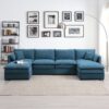 Chenille Modular Sectional Sofa, U Shaped Cloud Couch Set With Double Cushions, 6 Seat Sleeper Sofa Bed With Ottomans, Oversized Indoor Furniture - Blue - Image 11