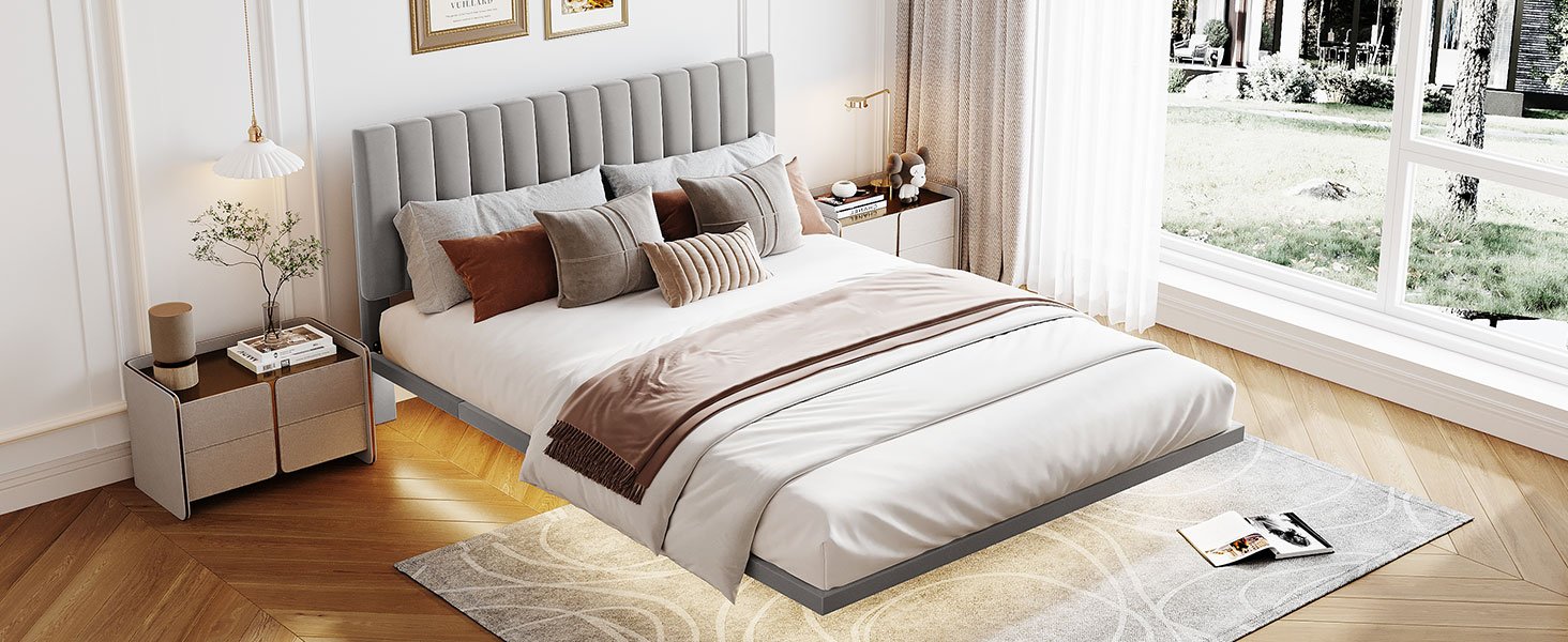 Queen Size Upholstered Bed With Sensor Light And Headboard, Floating Platform Bed - Gray - Image 13