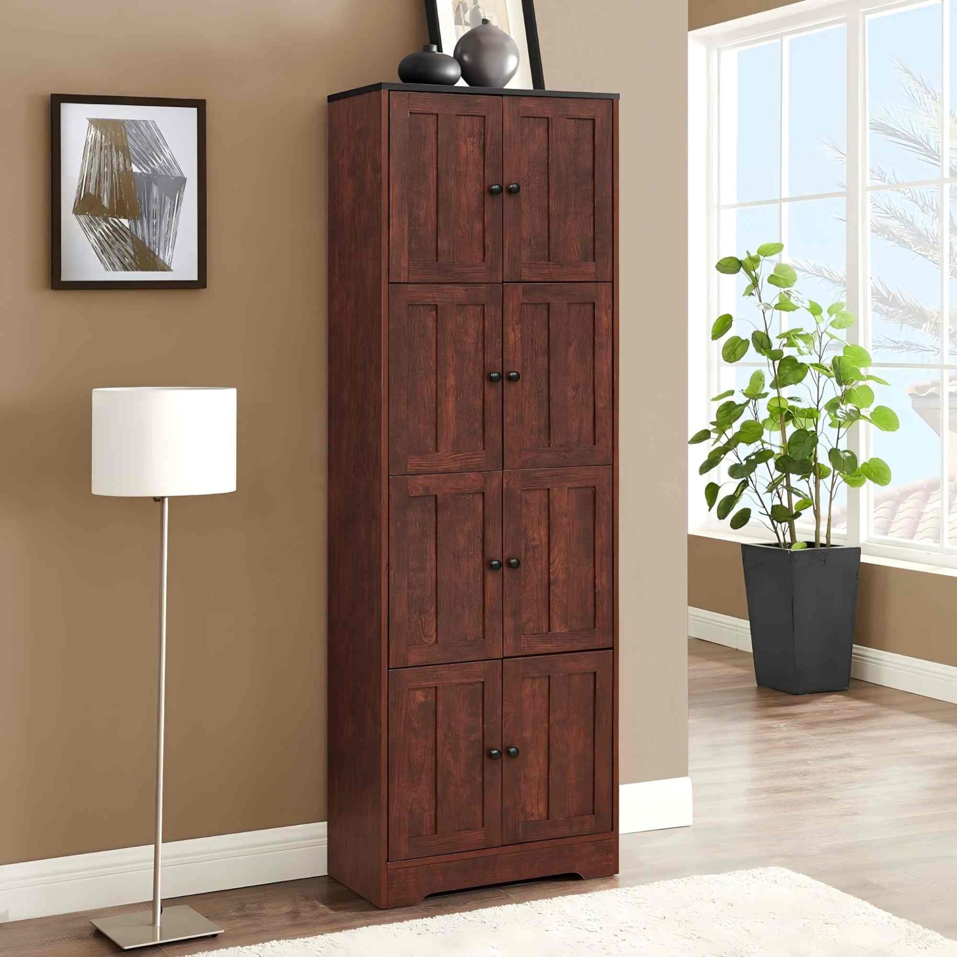 Tall Storage Cabinet With 8 Doors And 4 Shelves, Wall Storage Cabinet For Living Room, Kitchen, Office, Bedroom, Bathroom - Walnut - Image 7