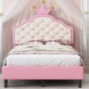 Twin Size Lovely Crown Fantasy Leather Princess Bed With Tufted Headboard - Pink / Cream - Image 15