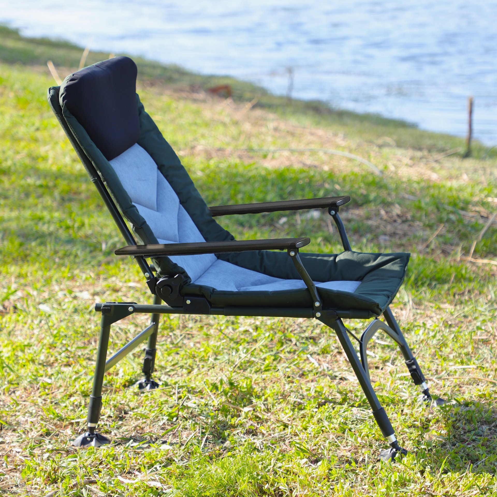 Camping Lounge Chair, Portable Folding Reclining Camping Chair With Adjustable Backrest For Indoor And Outdoor Camping Beach Hiking Fishing - Green / Black - Image 4