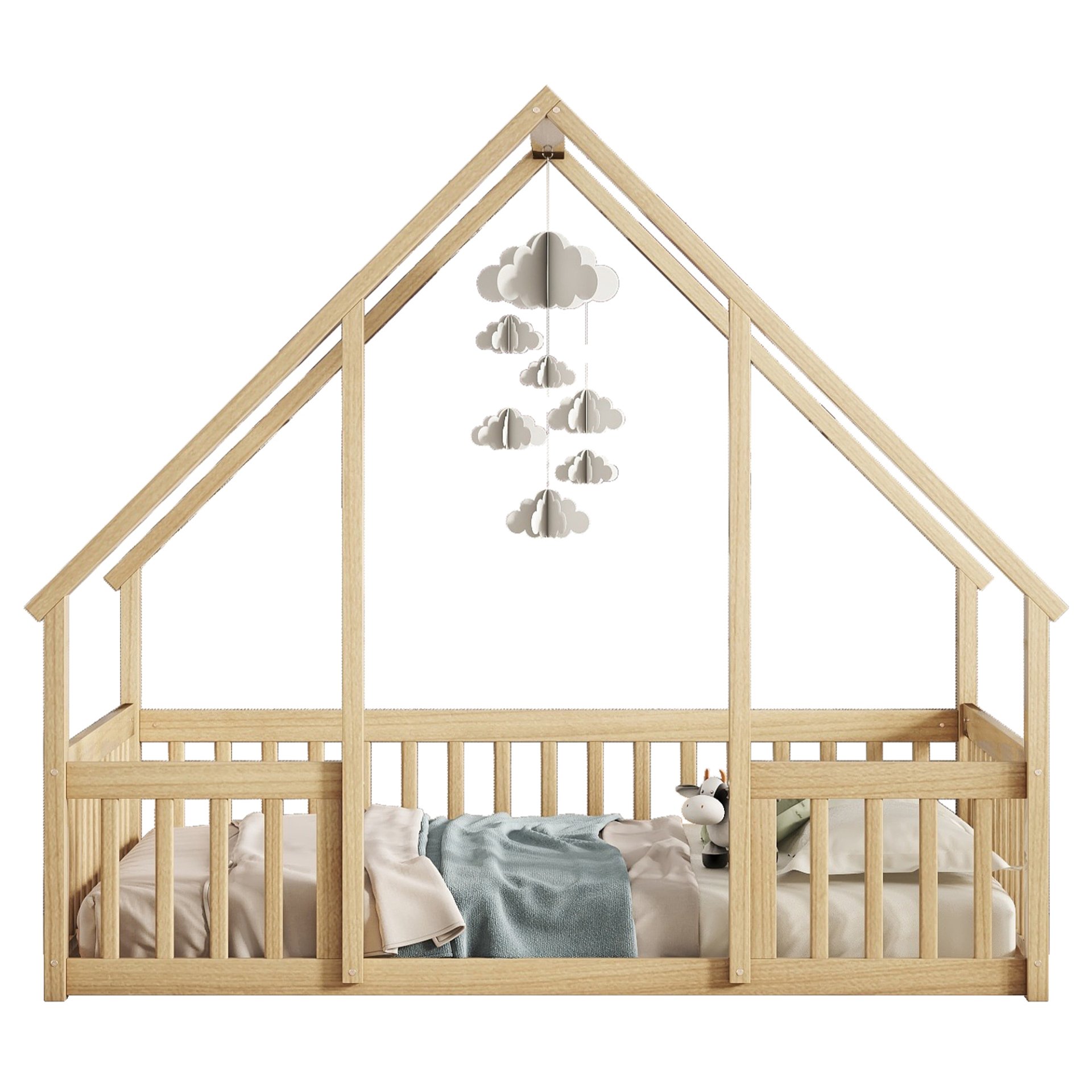 Full Wood House-Shaped Floor Bed With Fence, Guardrails - Natural - Image 13
