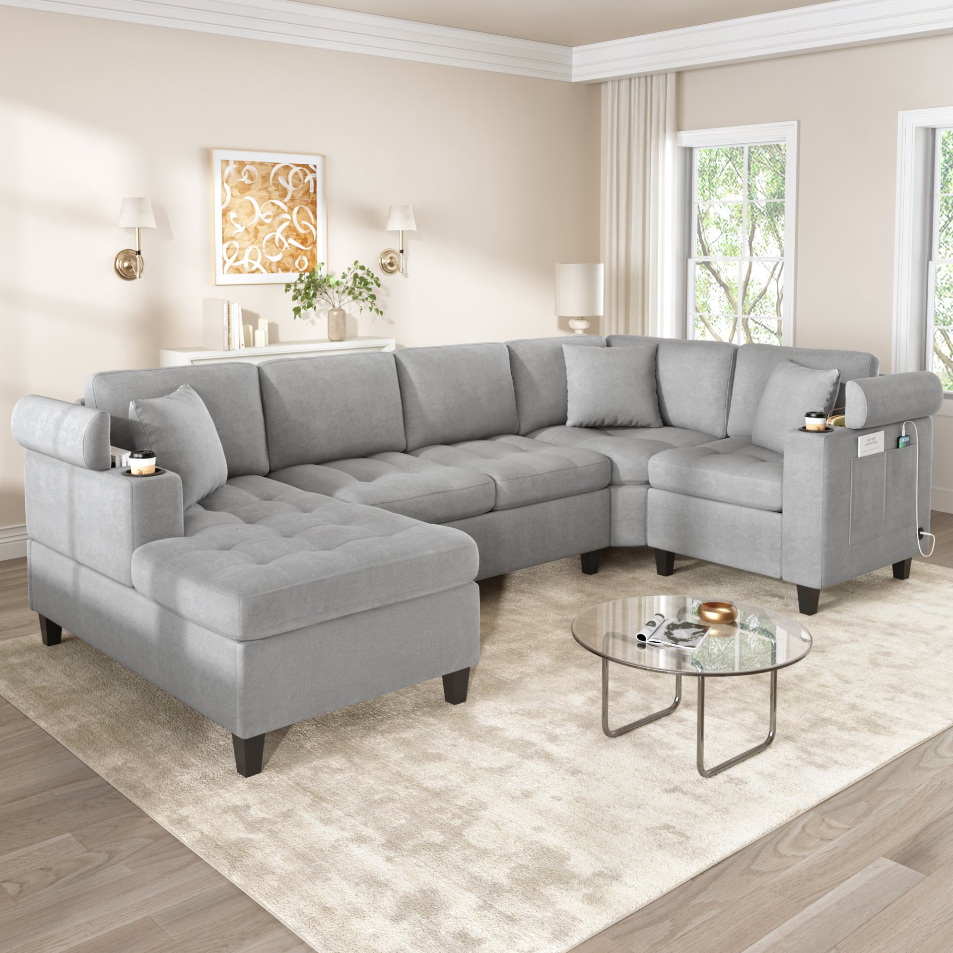 U Shaped Sectional Sofa, Corner Living Room Couch With Built In Cup Holders, Storage, USB Ports - Light Gray - Image 3