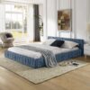 Modern Queen Size Upholstered Bed Frame With Pleated Chenille Fabric And Headboard, No Box Spring Needed - Blue - Image 3