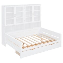 Full Size Daybed With Glass Door Storage Cabinets, Built In LED Lighting And Shelves - White