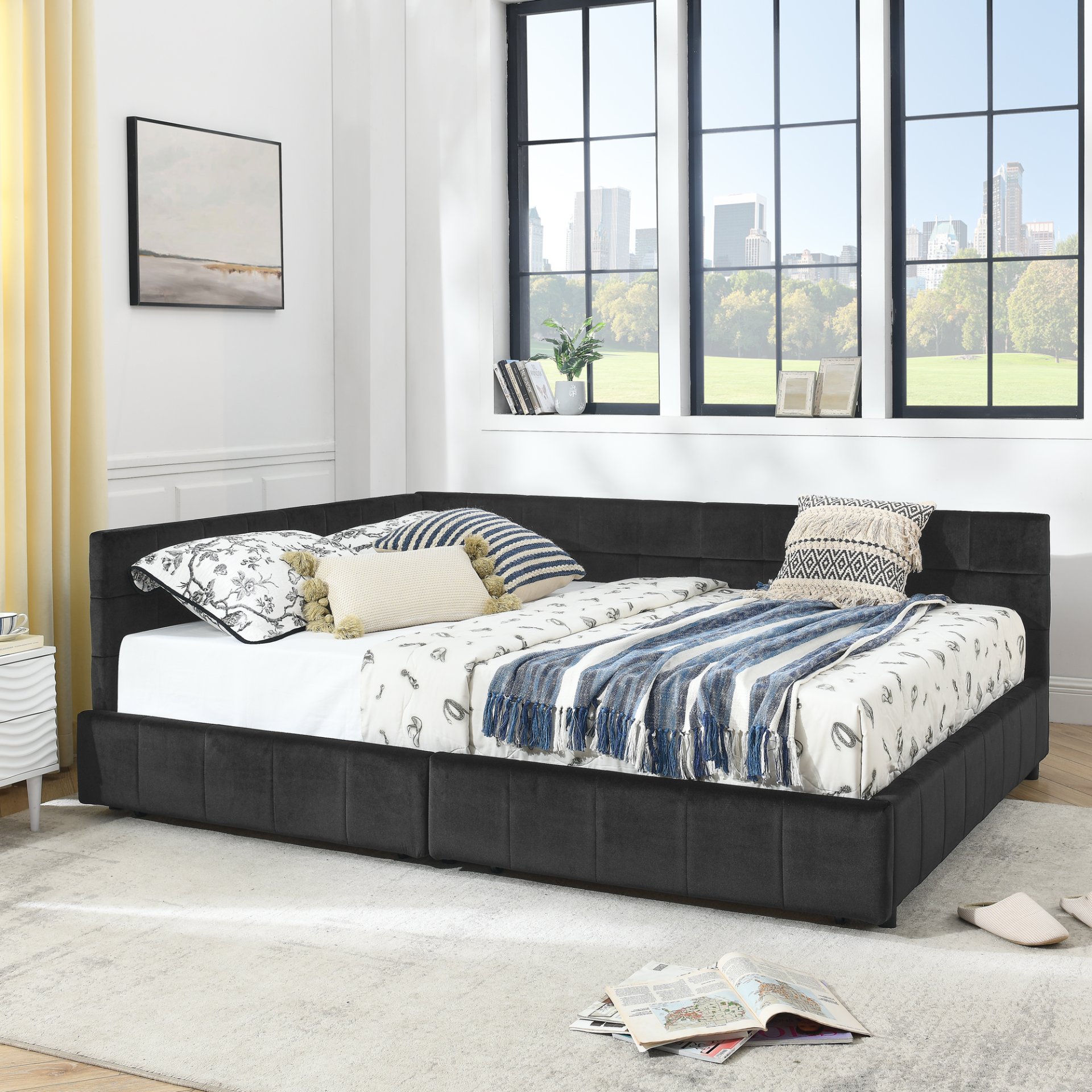 Mid Century Queen Size Storage Upholstered Tufted Bed Frame With Backrest And Armrests Velvet - Black - Image 5