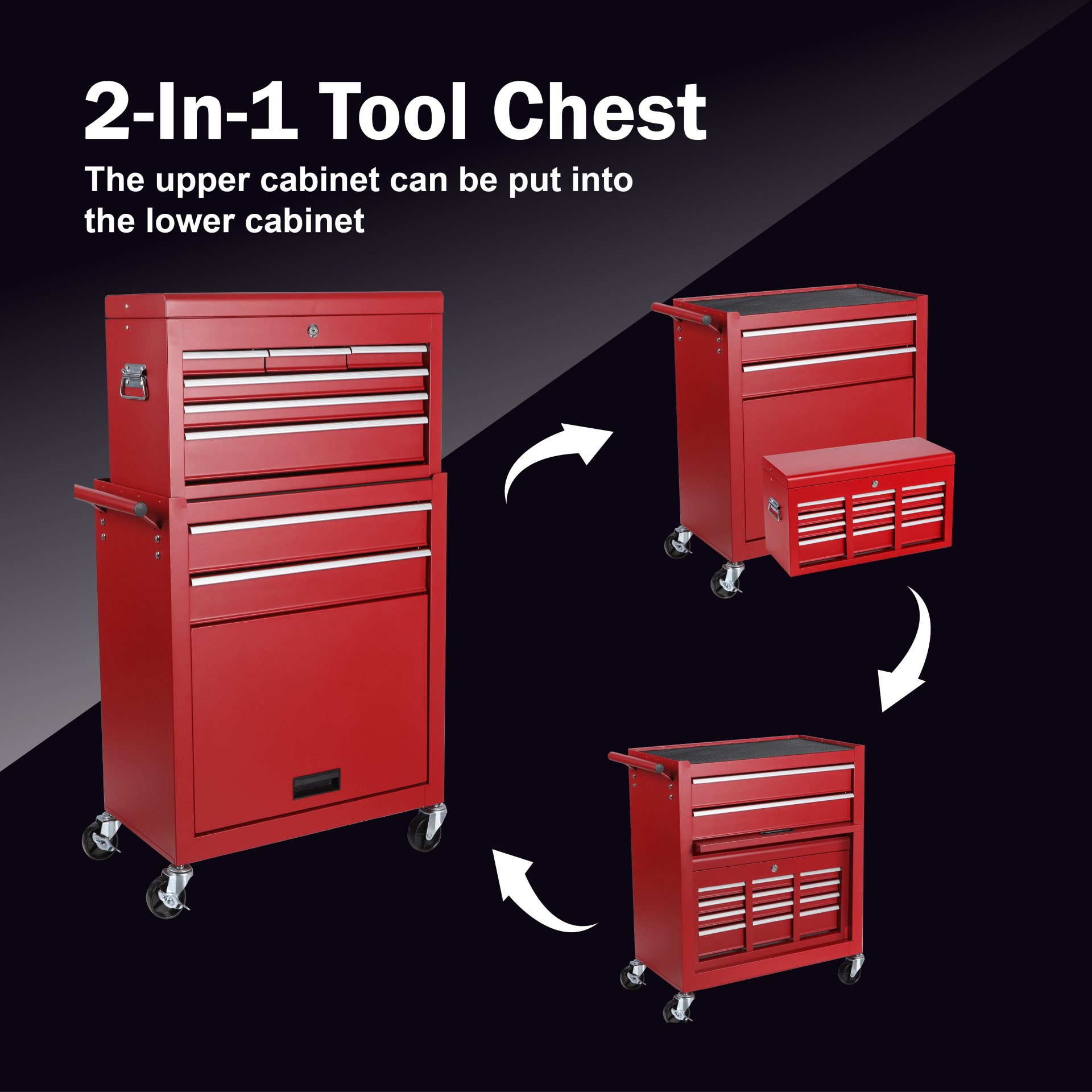 8 Drawer Rolling Tool Chest With 2 In 1 Detachable Top Box, Lockable Wheels, Liners, And Side Hooks Metal Tool Cabinet For Garage - Red - Image 5