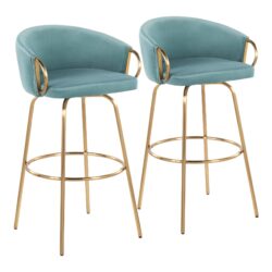 Claire - Contemporary / Glam Fixed Height Bar Stool Round Footrest (Set of 2) - Light Blue / Gold