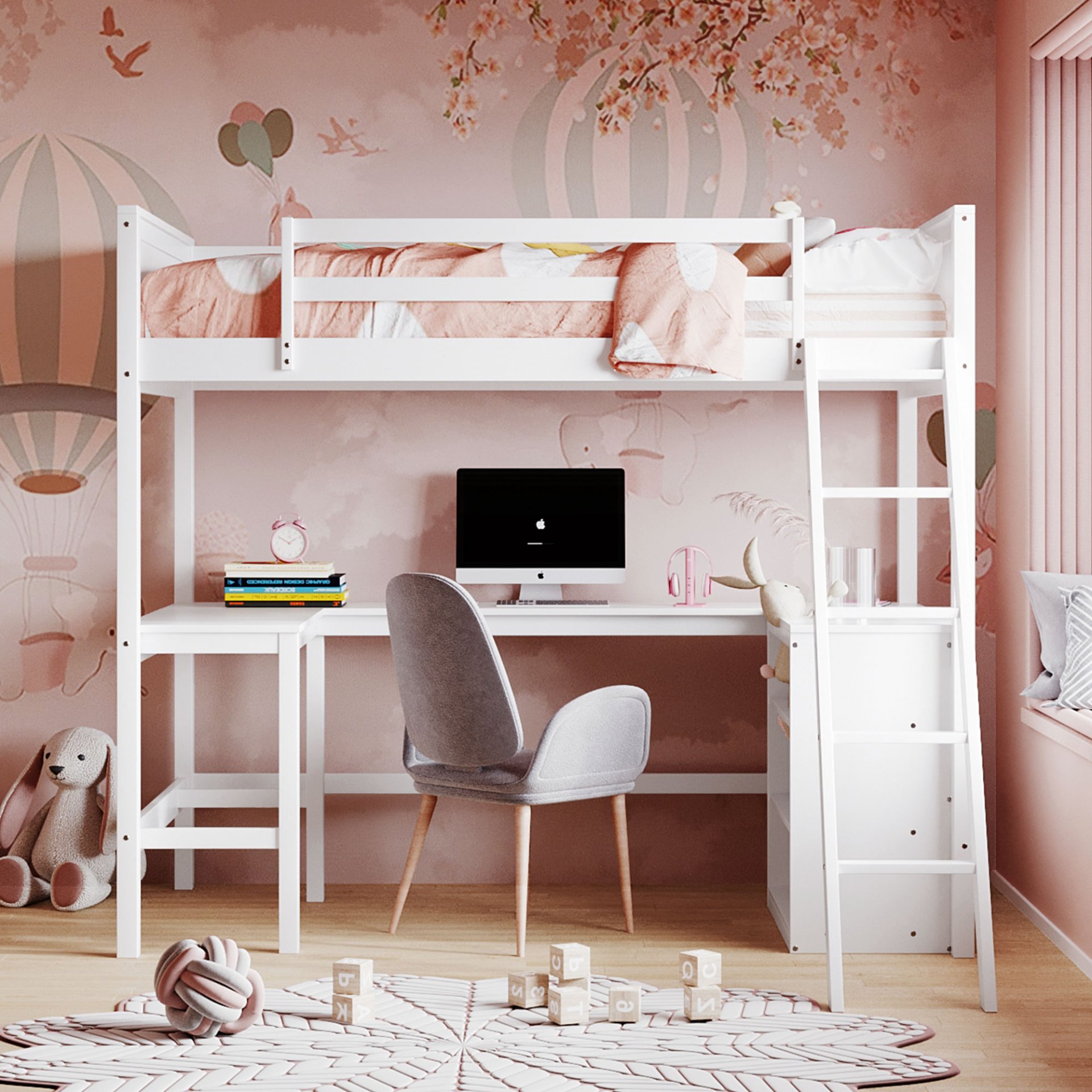 Twin Size Loft Bed With Shelves With Desk - White - Image 2