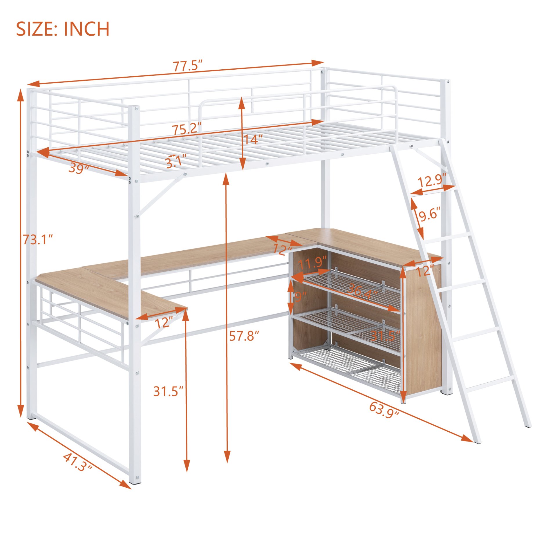 Twin Size Loft Bed With 3 Layers Of Shelves And L-Shaped Desk - White - Image 7