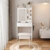 Space Saving Makeup Vanity Desk With Mirror & Adjustable Led Lights, Built-In Power Outlet, Hidden Storage, Includes Stool & Shelf - White - Image 2