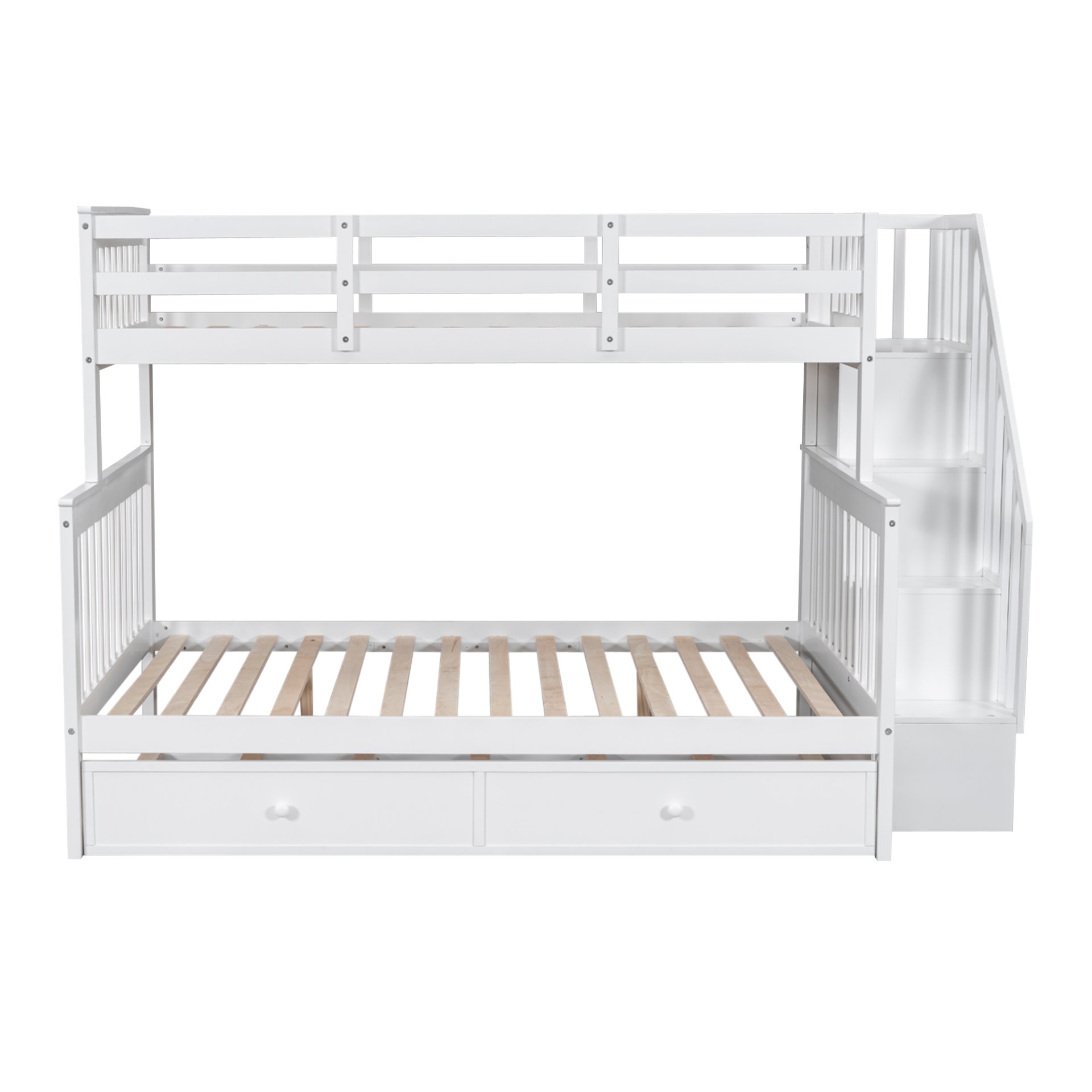 Twin Over Full Bunk Bed With Twin Size Trundle, Storage And Guard Rail For Bedroom - White - Image 4