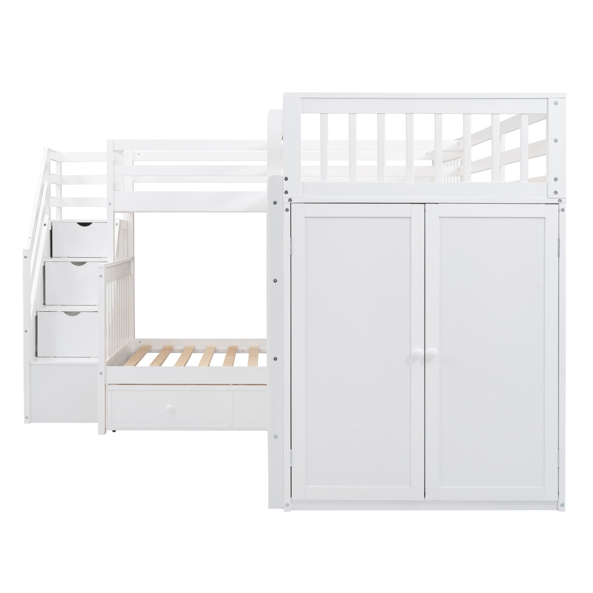 Twin Twin Over Full L Shaped Bunk Bed With 3 Drawers, Portable Desk And Wardrobe - White - Image 10
