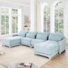 Elegant Four Seater Sofa With Movable Ottoman And Lumbar Pillow Chenille With Frame - Sky Blue - Image 19