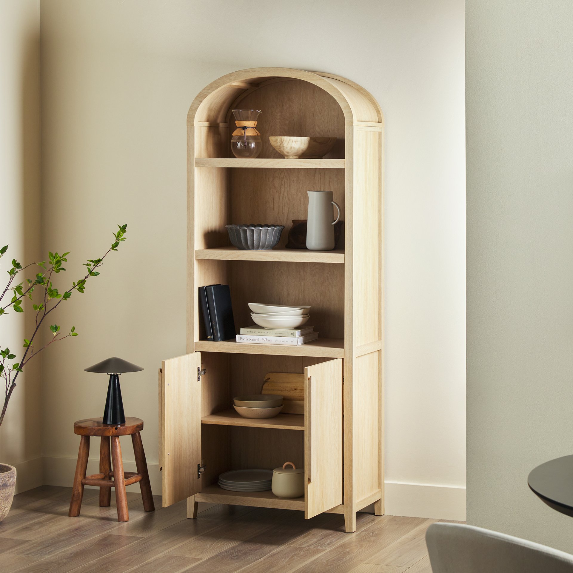 Modern 3 Shelf Open Arched Bookcase Cabinet - Oak - Image 7