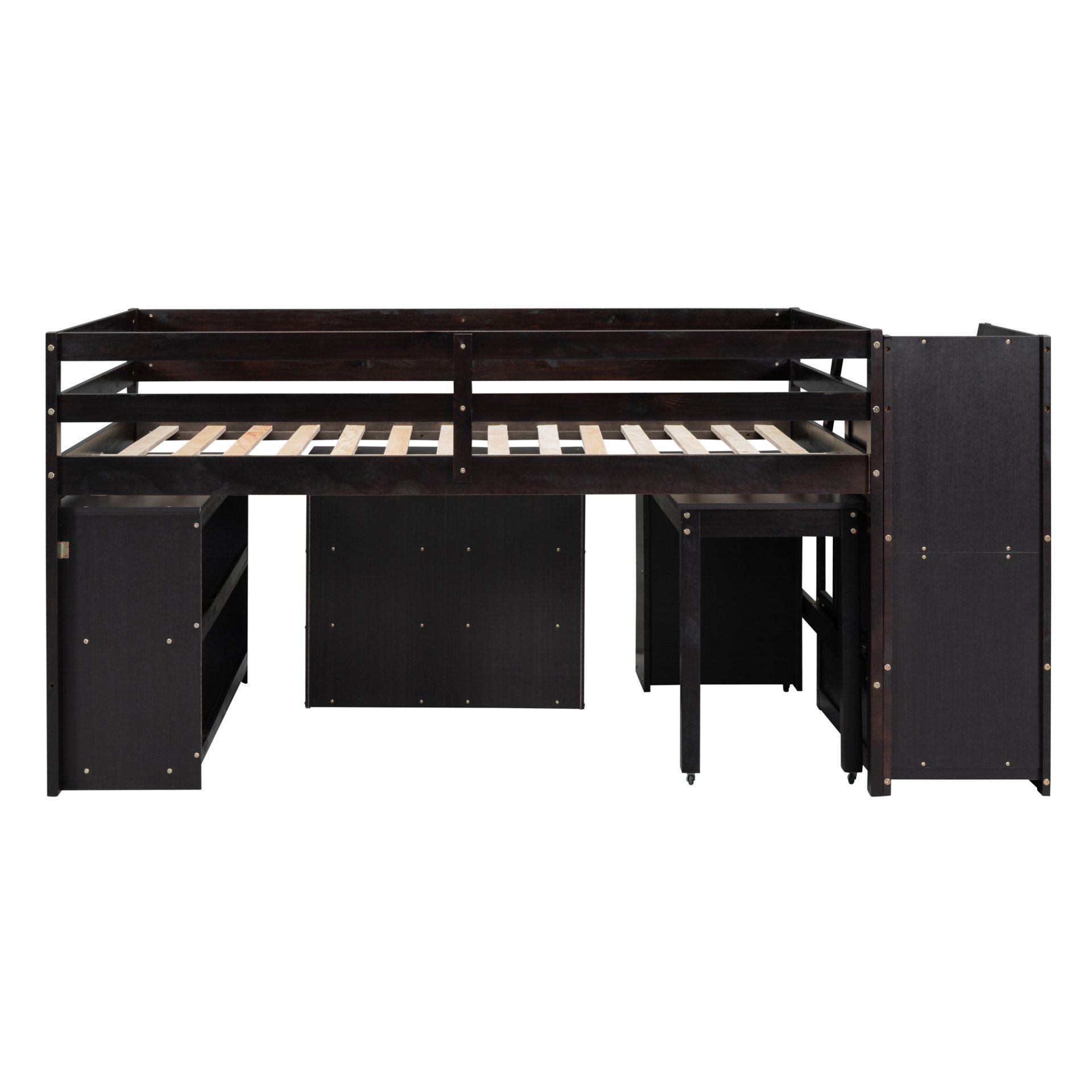 Full Size Loft Bed With Retractable Writing Desk And 3 Drawers With Storage Stairs And Shelves - Espresso - Image 11