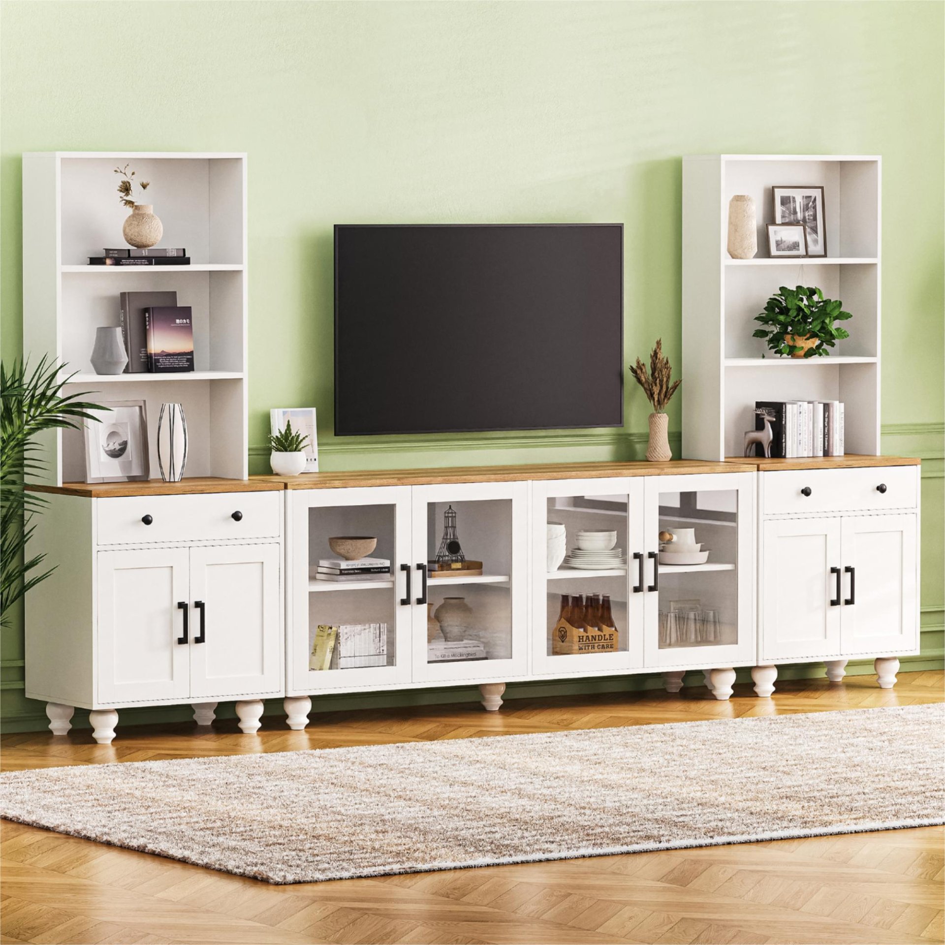 Farmhouse TV Stand With Solid Wood Gourd Shaped Legs For TVs Up To 70", Entertainment Center With Bookshelves & Tempered Glass Doors, Media Console With Adjustable Shelves, Living Room - White / Natural - Image 2