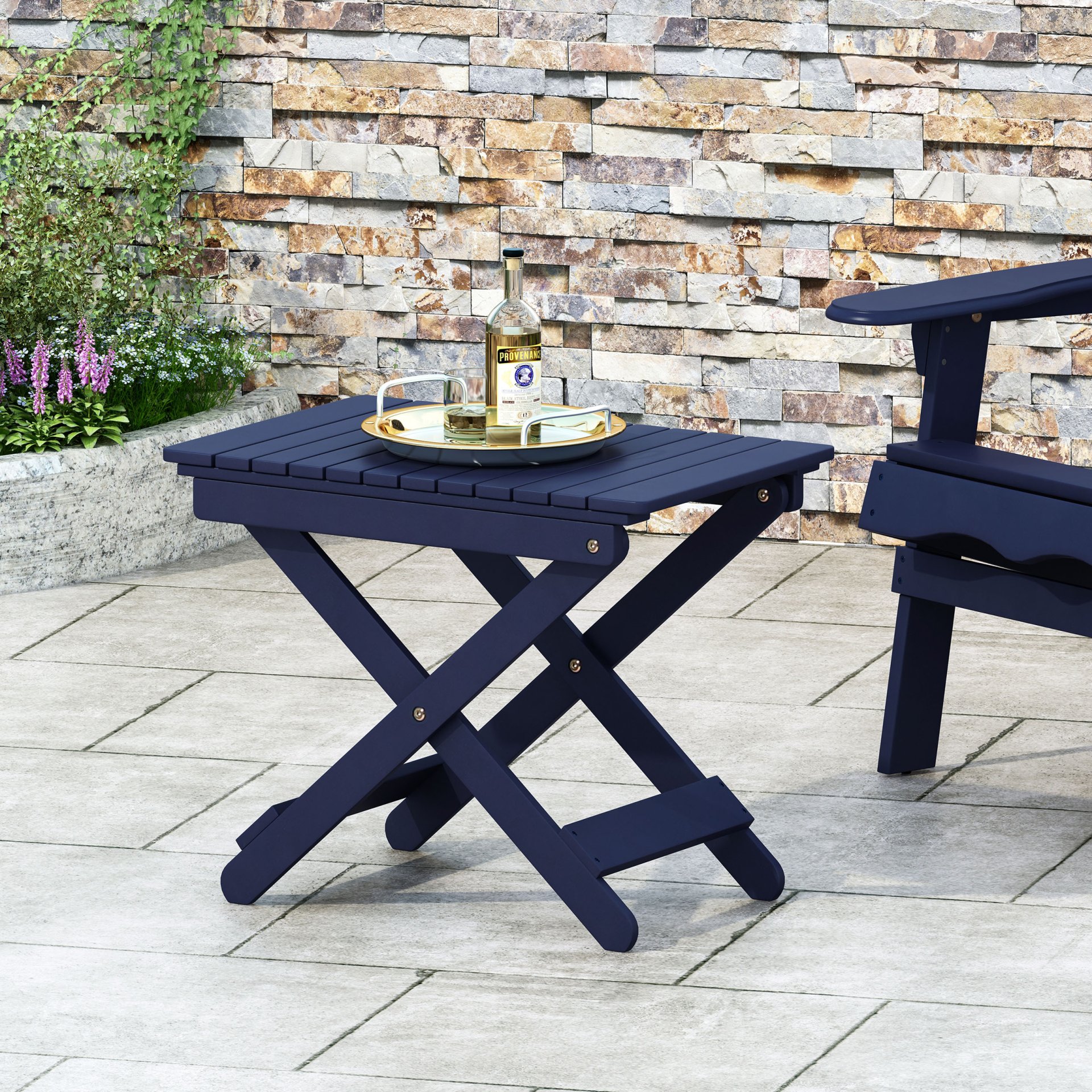 Outdoor Folding Wooden Side Table - Navy Blue - Image 2