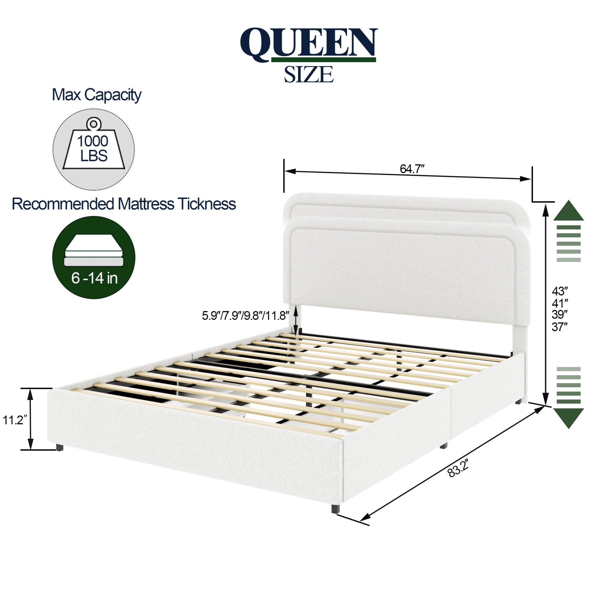 Liv - Patented 2 Drawers Queen Upholstered Storage Platform Bed - Ivory Boucle - Image 4
