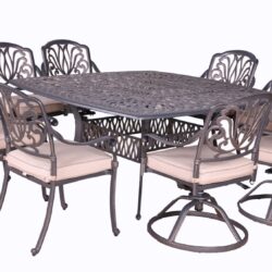 Square 8 Person 64" Long Aluminum Dining Set With Sunbrella Cushions, 4 Arm And 4 Swivel Chairs - Gray / Ivory