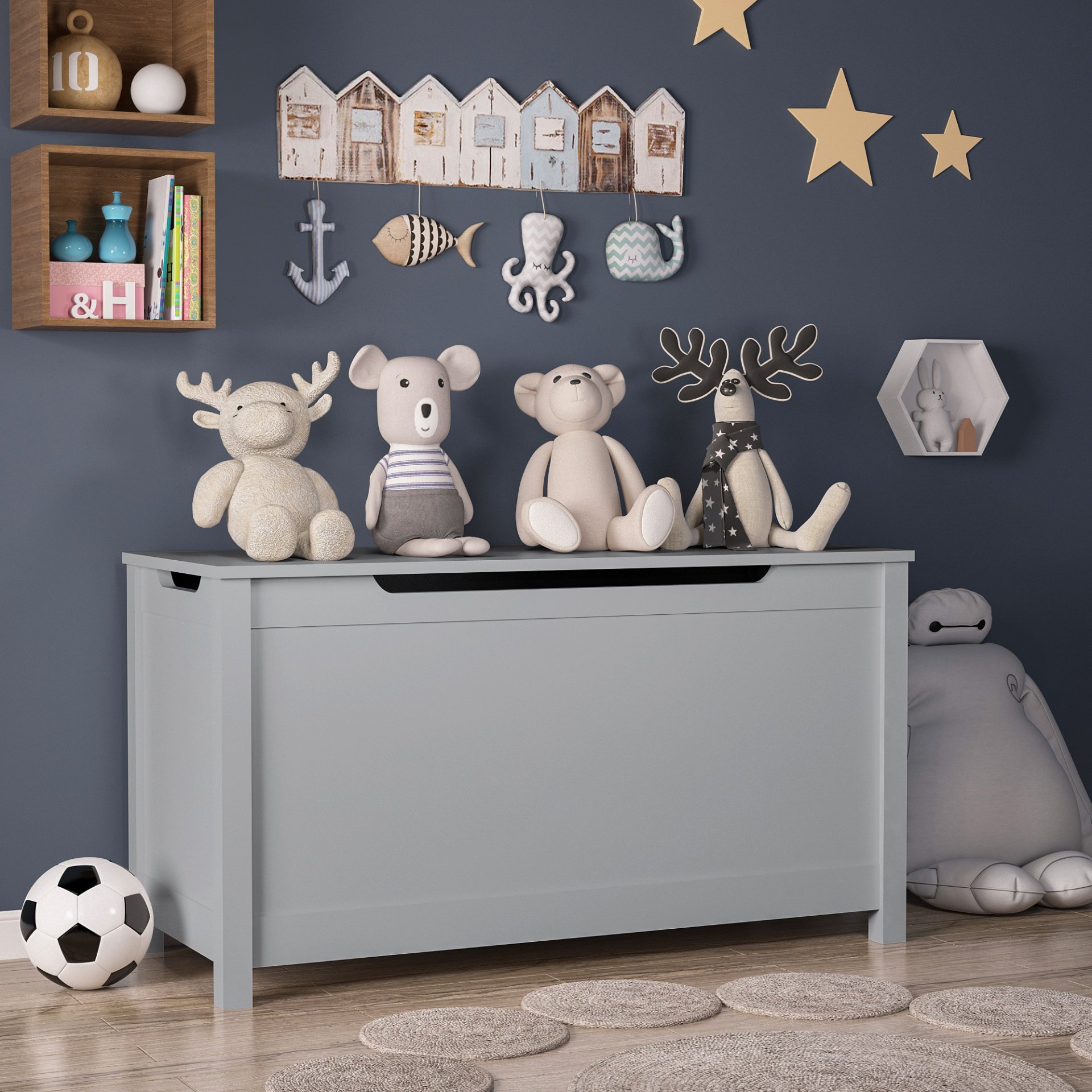 Kids Wooden Toy Box Storage With Safety Hinged Lid For Ages 2+ - Gray - Image 2