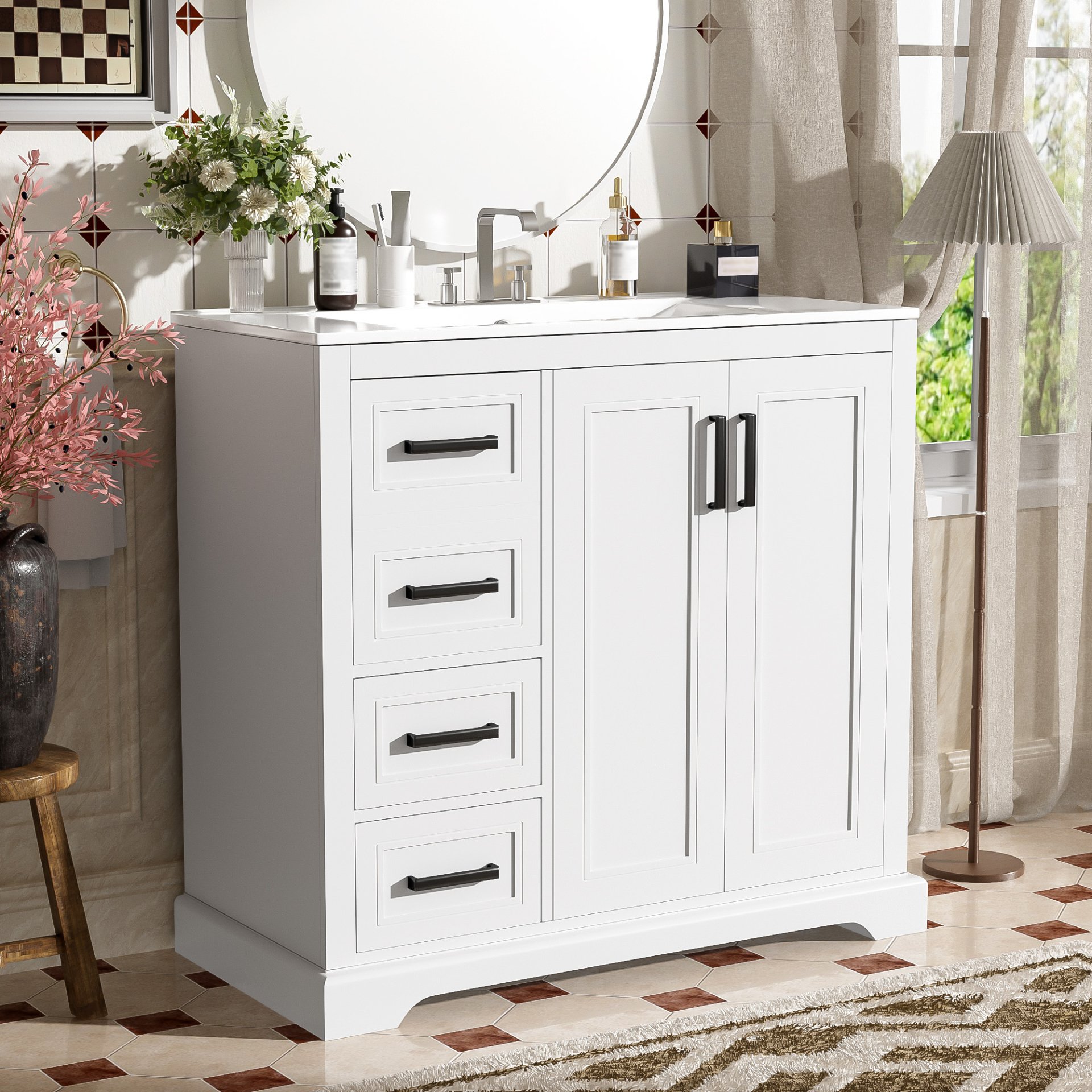 36" Bathroom Vanity With Sink, Soft Close Doors, Adjustable Shelf & 3 Drawers - White - Image 5