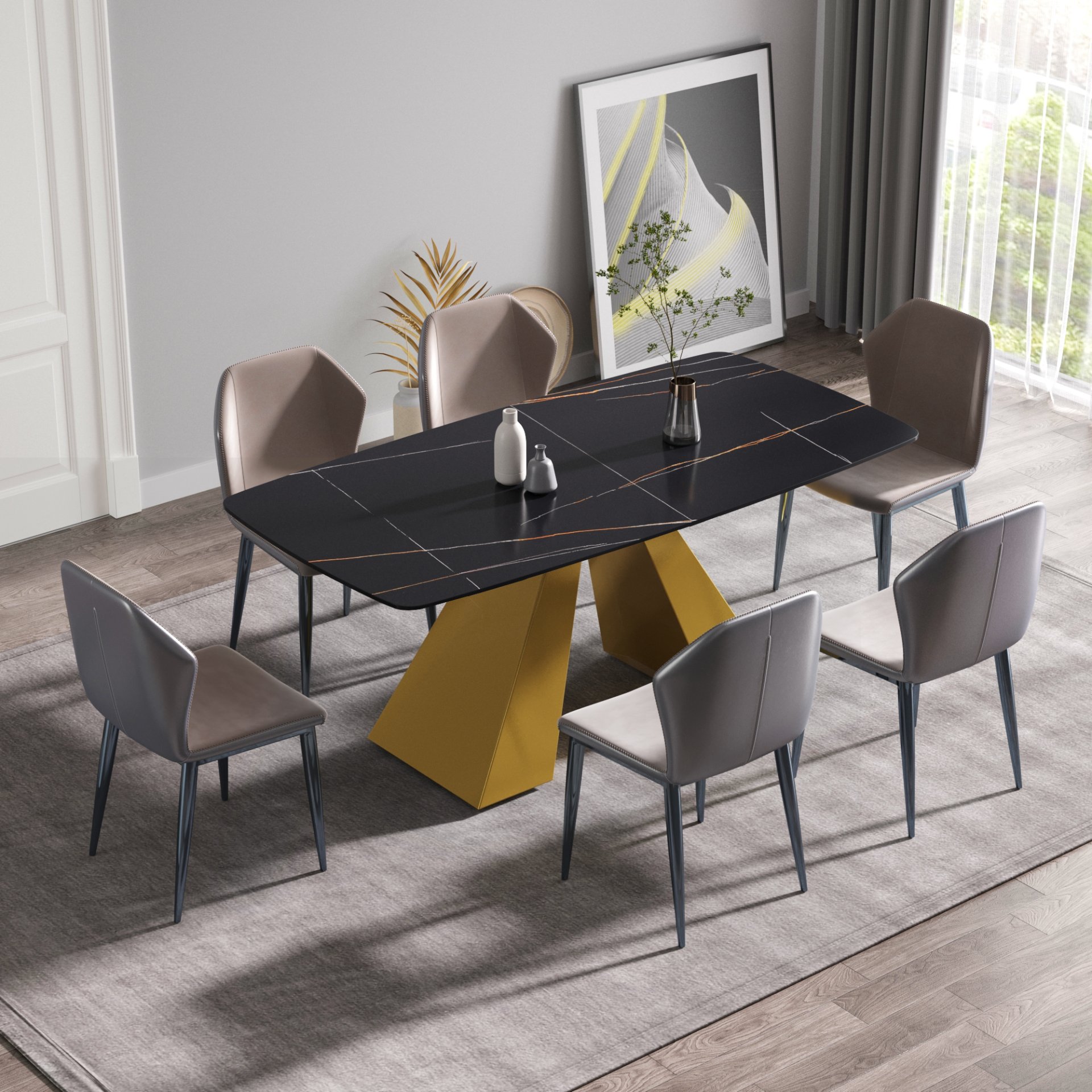 70.87" Modern Artificial Stone Curved Metal Leg Dining Table, Can Accommodate 6-8 People - Black / Gold - Image 2