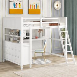 Full Size Loft Bed With Drawers And Desk With Shelves - White