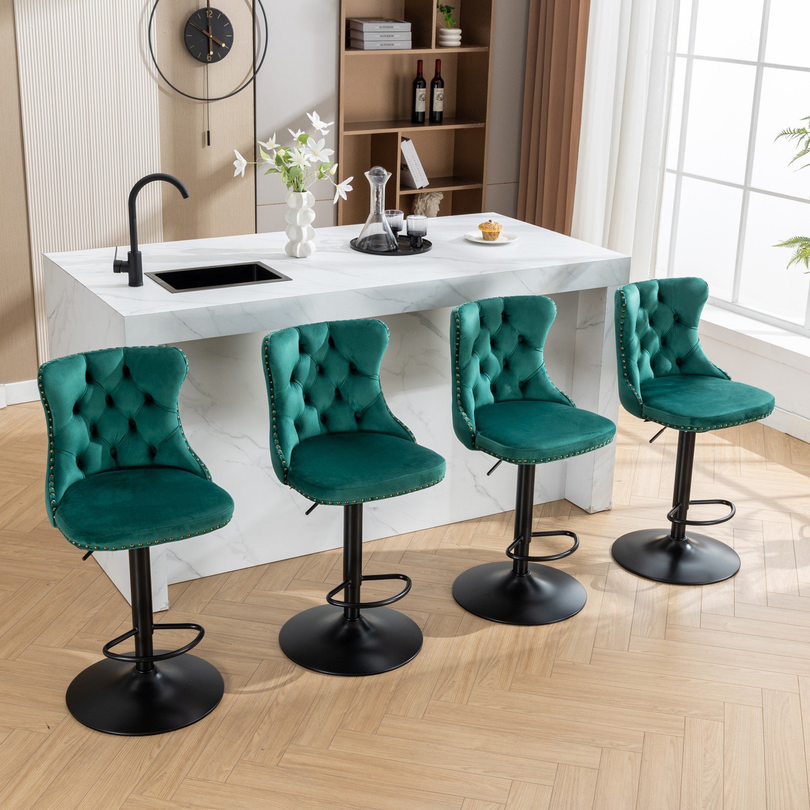 Swivel Velvet Barstools Adjusatble Seat Height, Modern Upholstered Bar Stools With Backs Comfortable Tufted For Home Pub And Kitchen Island (Set of 2) - Green - Image 19