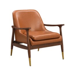 Mid Century Accent Chair Set With Cushioned Seat, Solid Wood Frame, Brass Tipped Legs - Brown