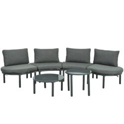 6 Piece Patio Sofa Furniture Set, Half Moon Outdoor Sectional Sofa With 2 High Low Coffee Tables, Wicker Rattan, Tempered Glass, 4 Pillows & Cushions, For Backyard, Garden, Poolside - Gray
