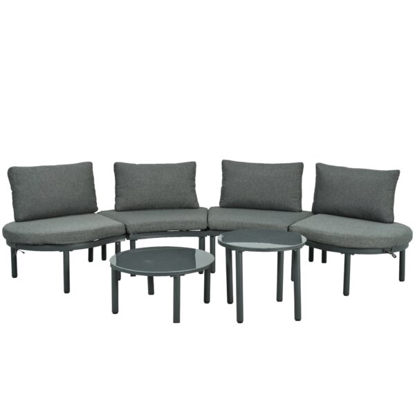 6 Piece Patio Sofa Furniture Set, Half Moon Outdoor Sectional Sofa With 2 High Low Coffee Tables, Wicker Rattan, Tempered Glass, 4 Pillows & Cushions, For Backyard, Garden, Poolside - Gray