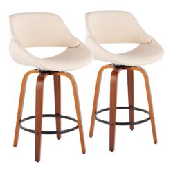 Fabrico - Mid-Century Modern Fixed Height Counter Stool & Round Footrest (Set of 2) - Walnut / Cream