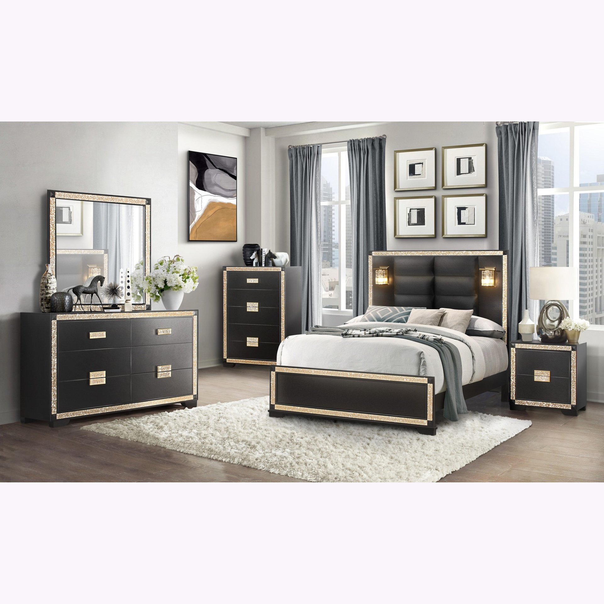 Lively - King 5 Pieces Bedroom Set With Glitter Detail And Padded Headboard With Lights - Black - Image 2