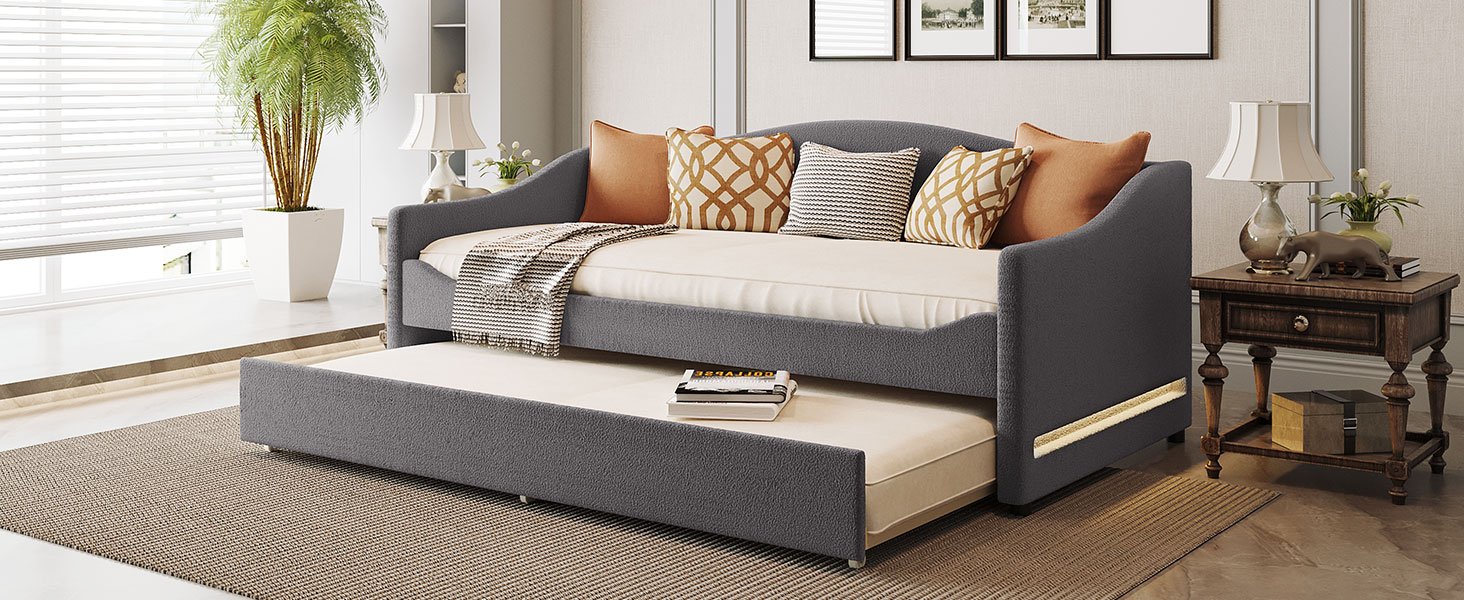 Twin Size Upholstered Daybed With Light And Trundle - Gray - Image 14