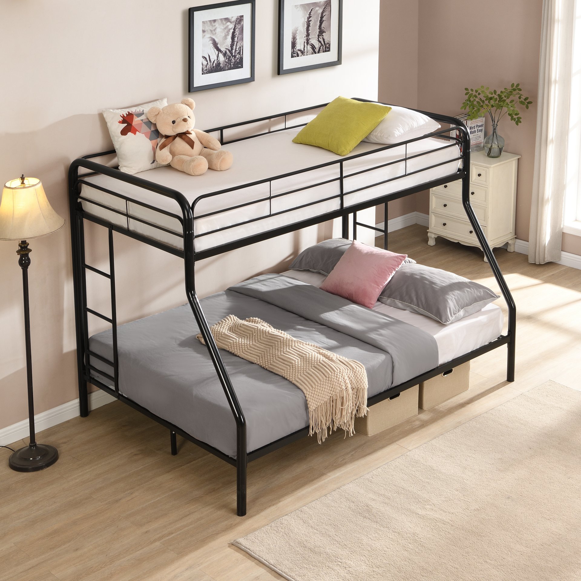 Modern Twin Over Full Metal Bunk Bed With Trundle And Dual Side Ladder And Metal Design - Black / Brown - Image 4