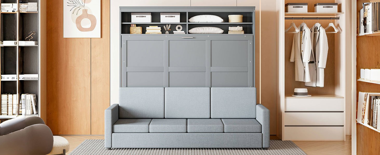 Queen Size Murphy Wall Bed With Sofa - Gray - Image 27