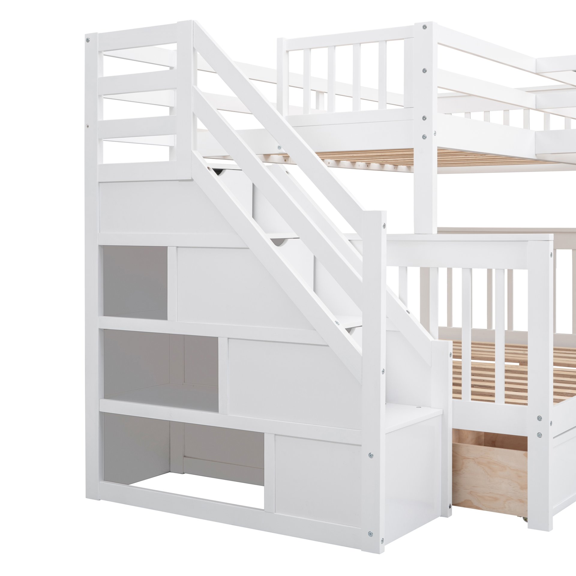 Twin Twin Over Full L Shaped Bunk Bed With 3 Drawers, Portable Desk And Wardrobe - White - Image 22